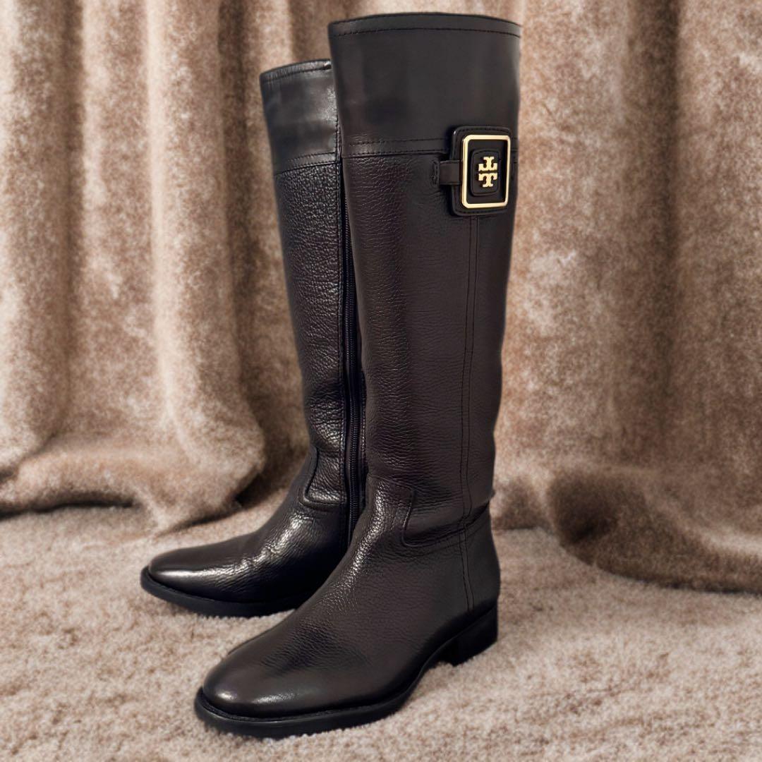 【美品】TORY BURCH ロングブーツ シボ革 黒 23cm相当