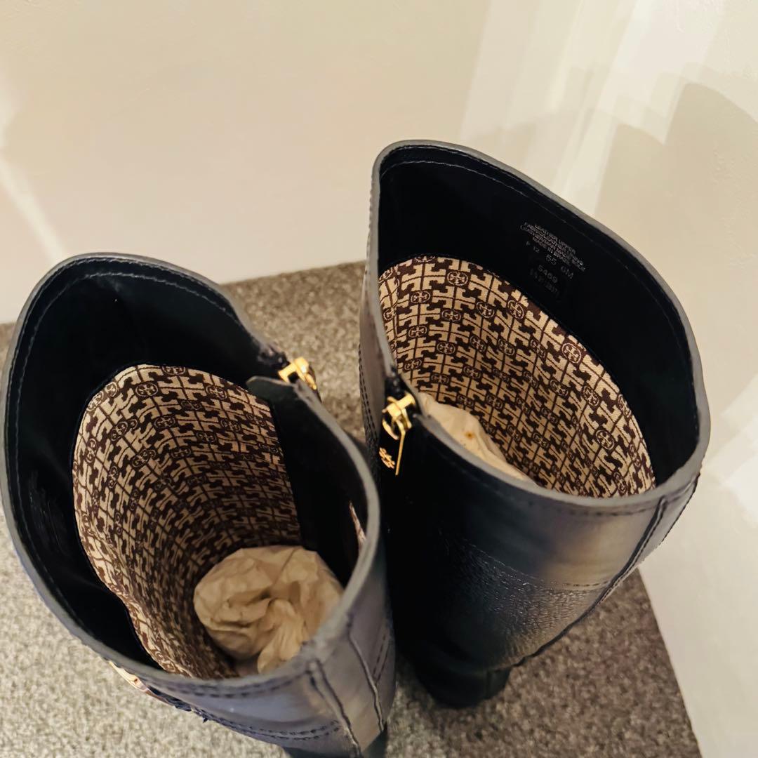 【美品】TORY BURCH ロングブーツ シボ革 黒 23cm相当