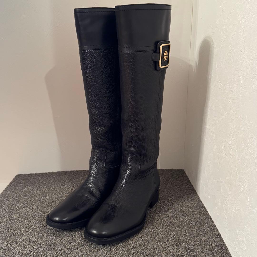 【美品】TORY BURCH ロングブーツ シボ革 黒 23cm相当