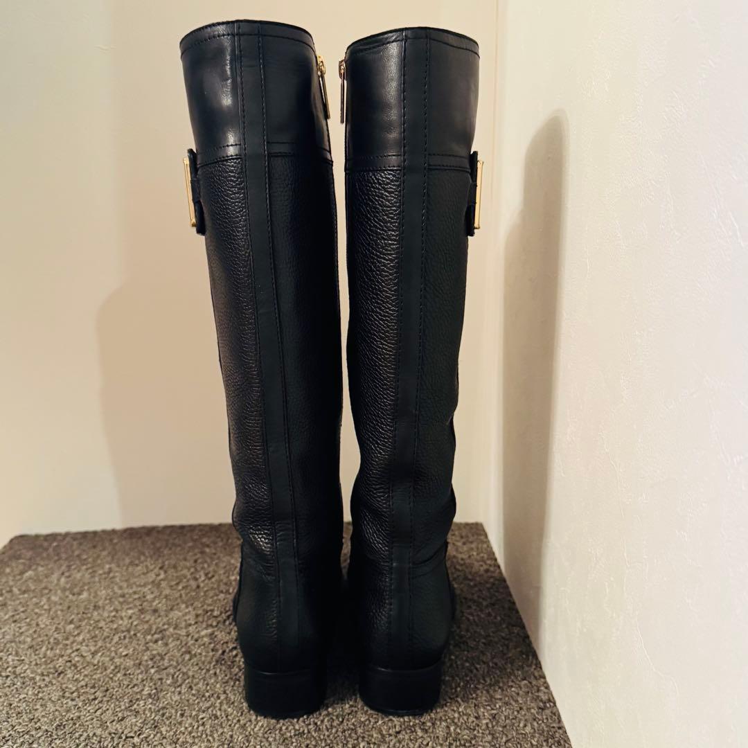 【美品】TORY BURCH ロングブーツ シボ革 黒 23cm相当