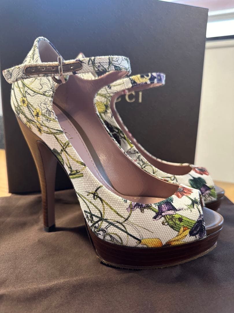 グッチ キャンバス×レザー オープントゥパンプス 36 1/2 レディース