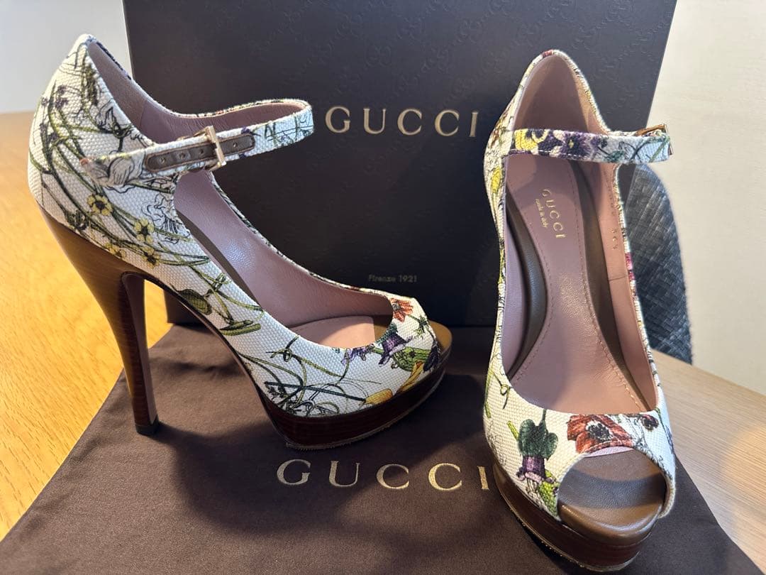 グッチ キャンバス×レザー オープントゥパンプス 36 1/2 レディース