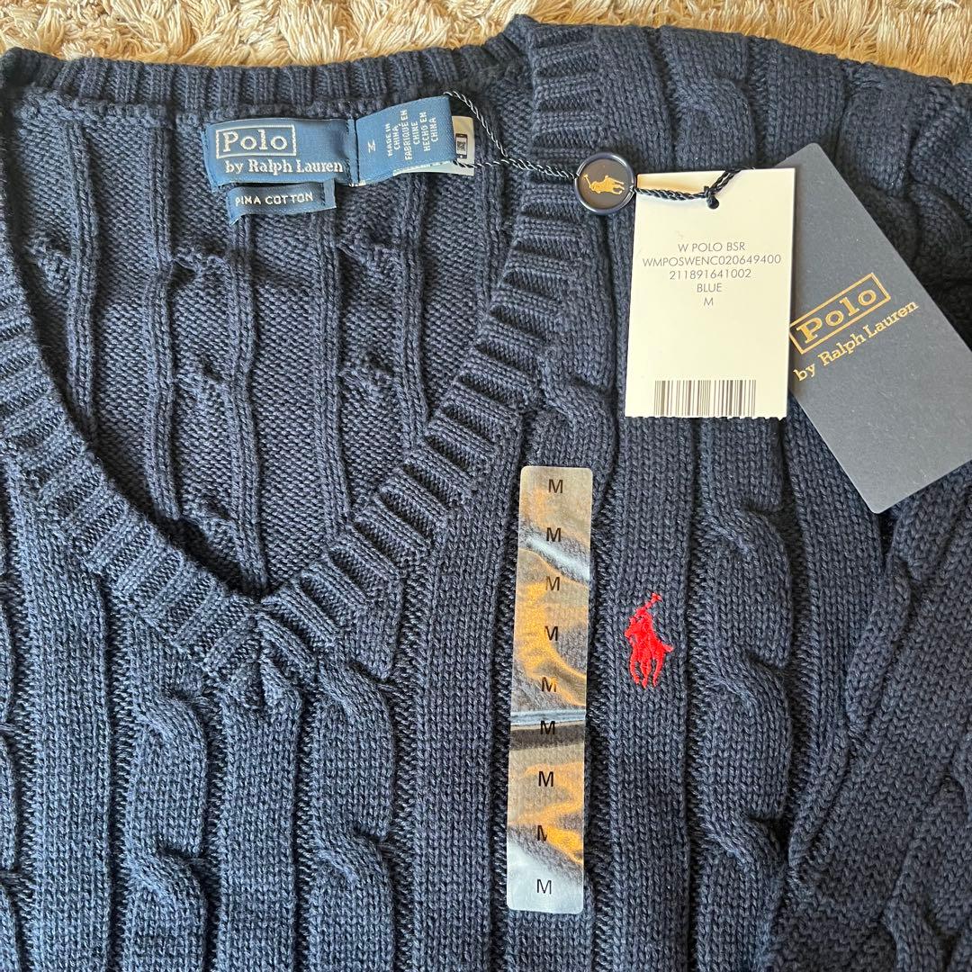 【新品タグ付】ラルフローレン ケーブルニット ネイビー レディースM Vネック
