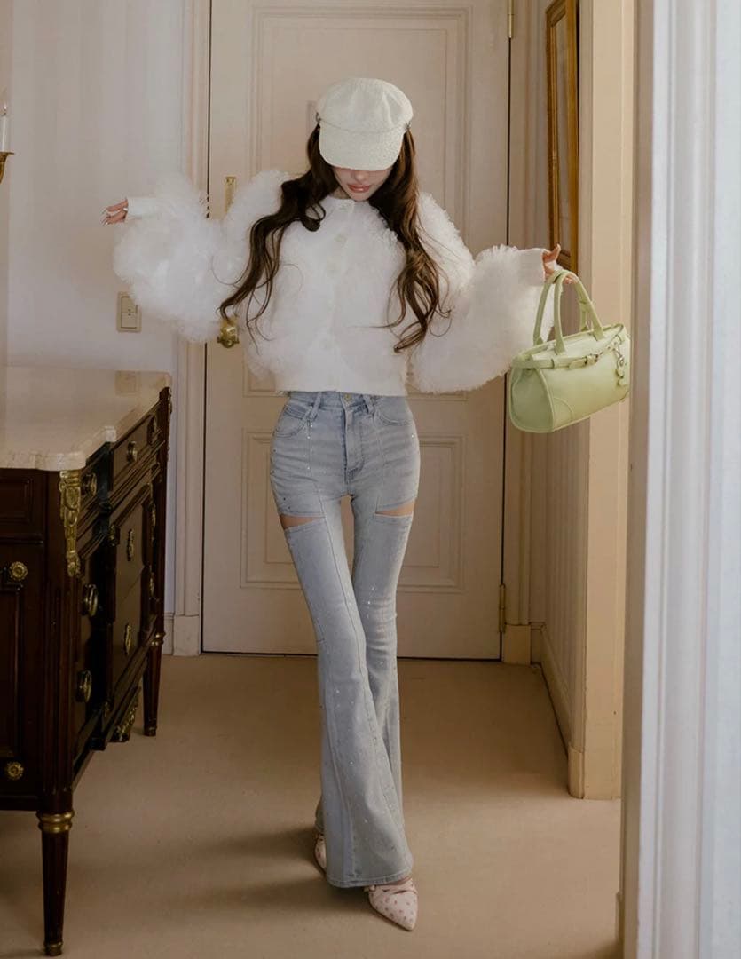 ドロップビジューフレアデニムパンツ I-BLU