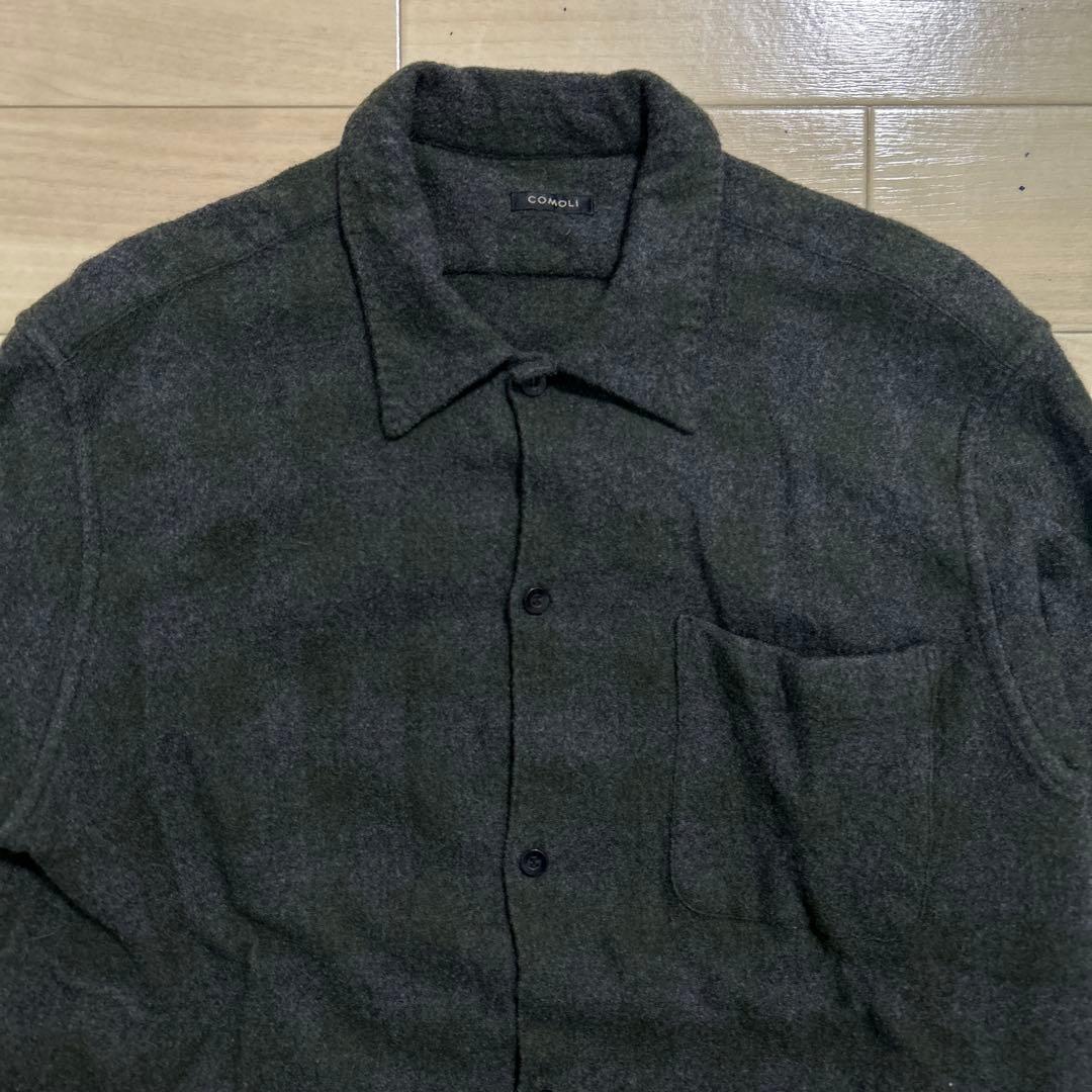 20AW COMOLI ウールカシミヤ チェックオープンカラーシャツ グリーン