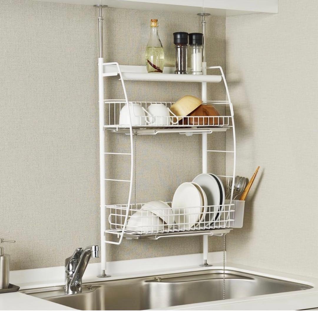 人気！ステンレス 燕三条 突っ張り キッチン ラック 水切り カゴ　ホワイト