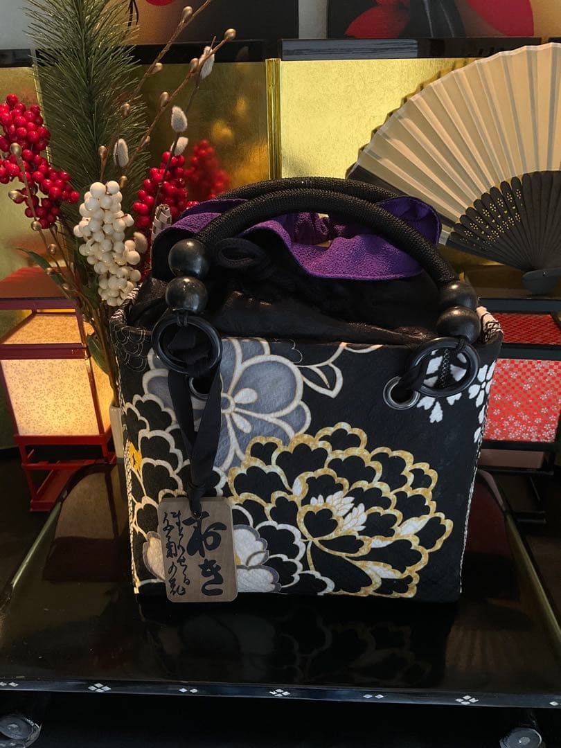 一閑張り　一閑張りバッグ　古文書　和紙　花絵柄　大正　着物　印譜　京友禅　牡丹
