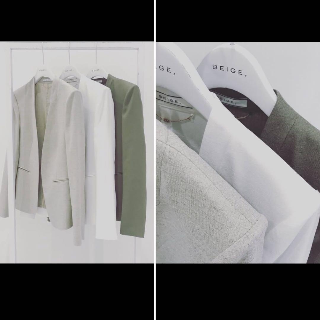 〓BEIGE,〓 khaki ノーカラー ボタンレス セットアップ スーツ