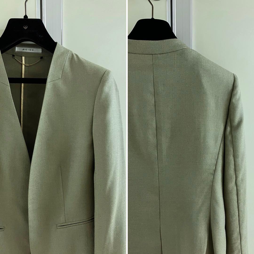 〓BEIGE,〓 khaki ノーカラー ボタンレス セットアップ スーツ