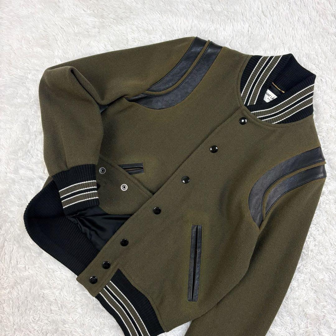 5840【希少カラー】サンローラン☆レザー切替テディジャケット カーキ 即完売