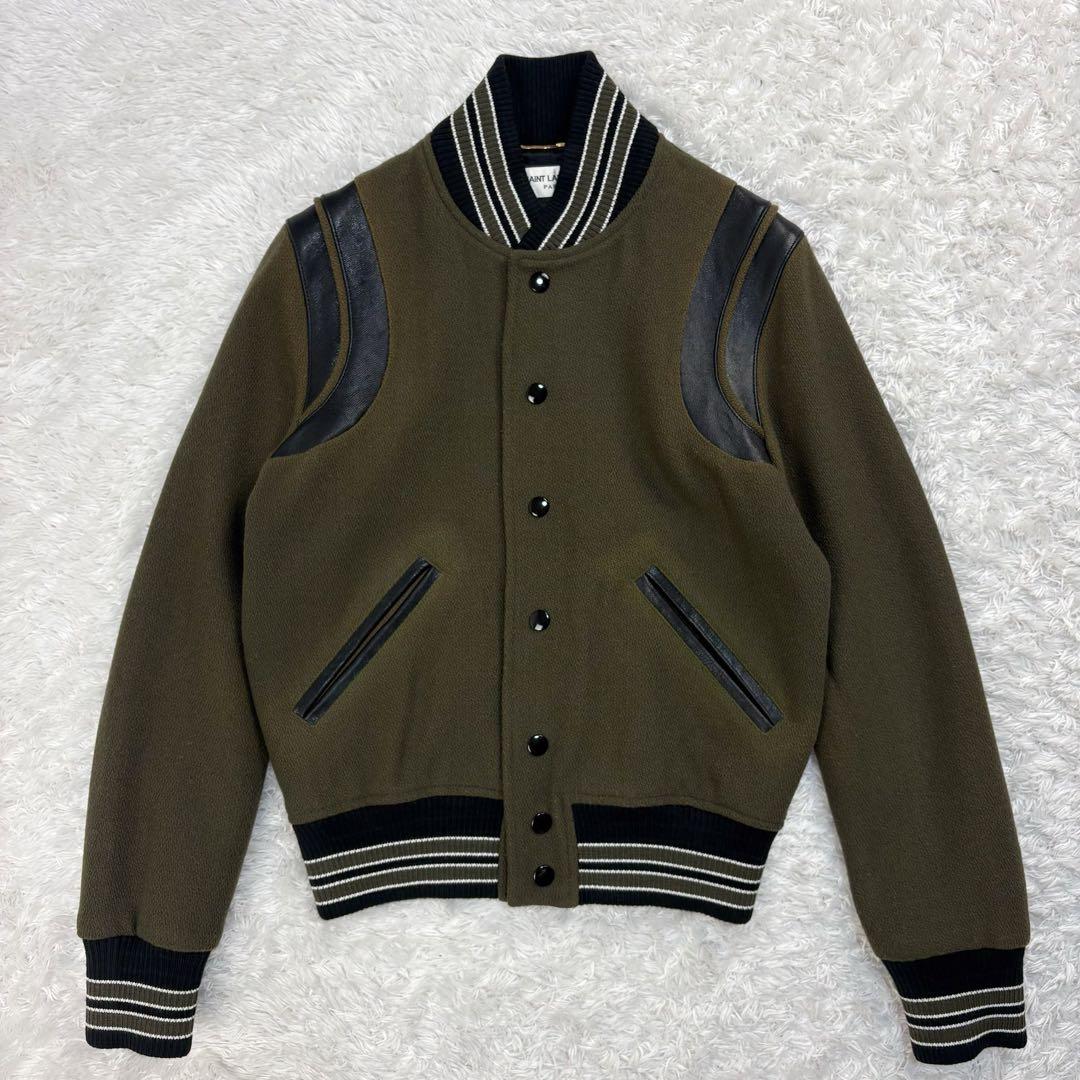 5840【希少カラー】サンローラン☆レザー切替テディジャケット カーキ 即完売