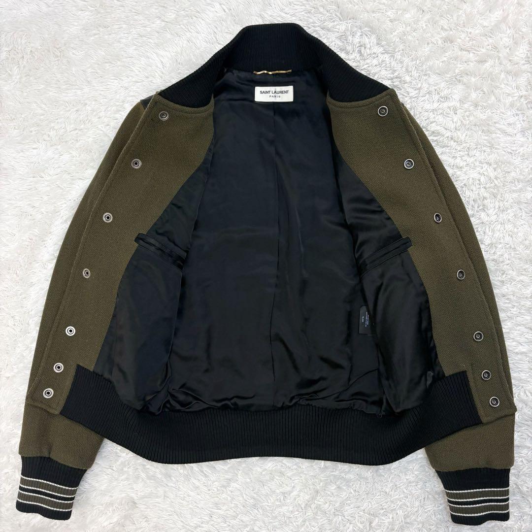 5840【希少カラー】サンローラン☆レザー切替テディジャケット カーキ 即完売