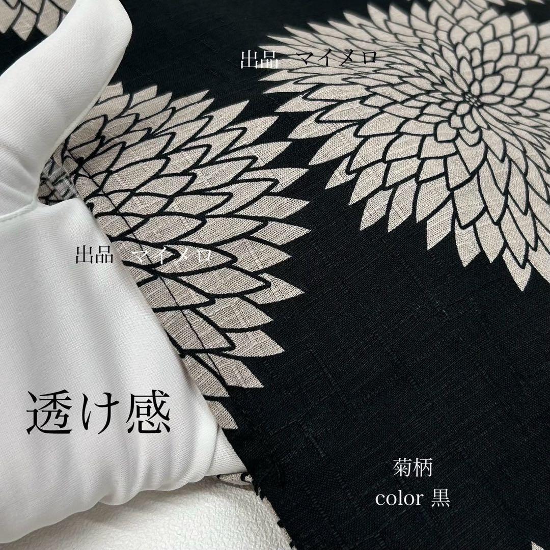 浴衣　綿麻　粋な夏着物　菊柄　黒　献上柄　半幅帯　2点　0726⑭