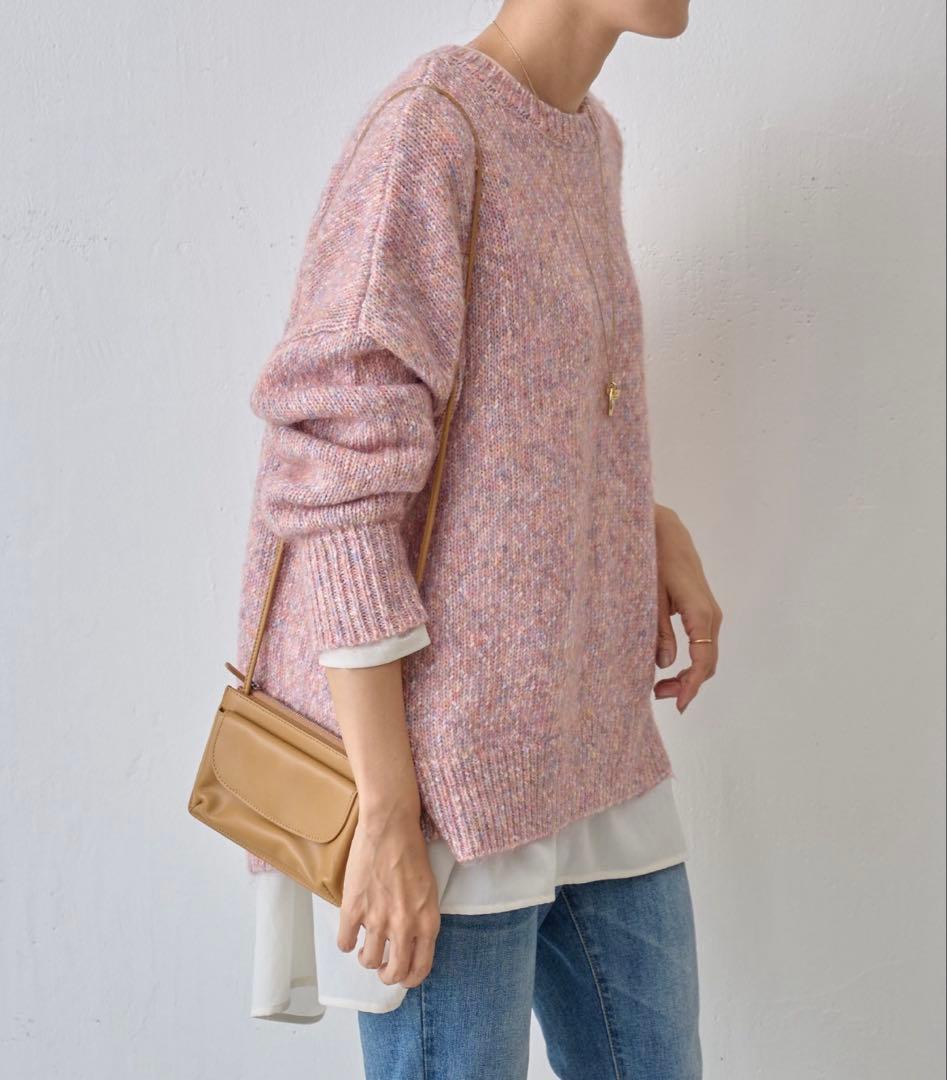 ビアズリー★ミックスニット　ウール　クルーネック　長袖　ピンク　MIX