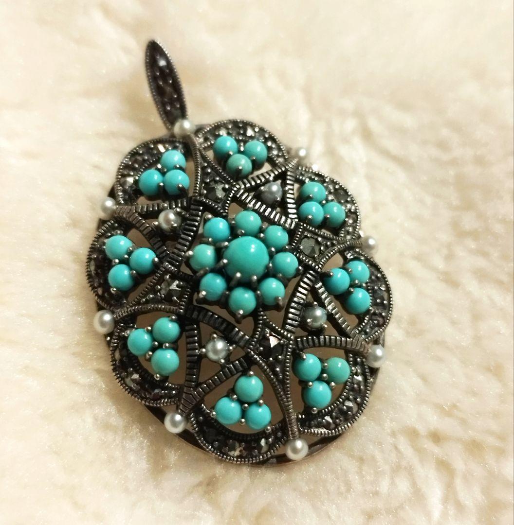 碌山 925 トルコ石 シードパール マーカサイト ブローチ ペンダントトップ