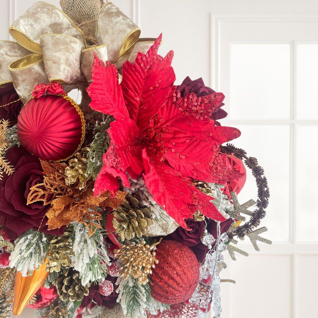 クリスマスレッドローズリース／ボルドー×ゴールドリの高級デザインスワッグ