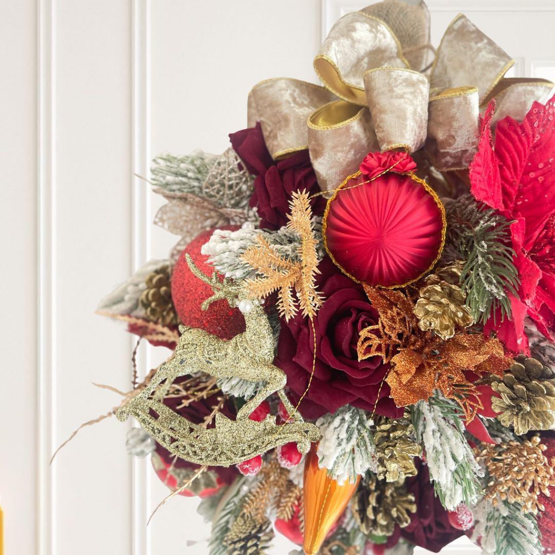 クリスマスレッドローズリース／ボルドー×ゴールドリの高級デザインスワッグ