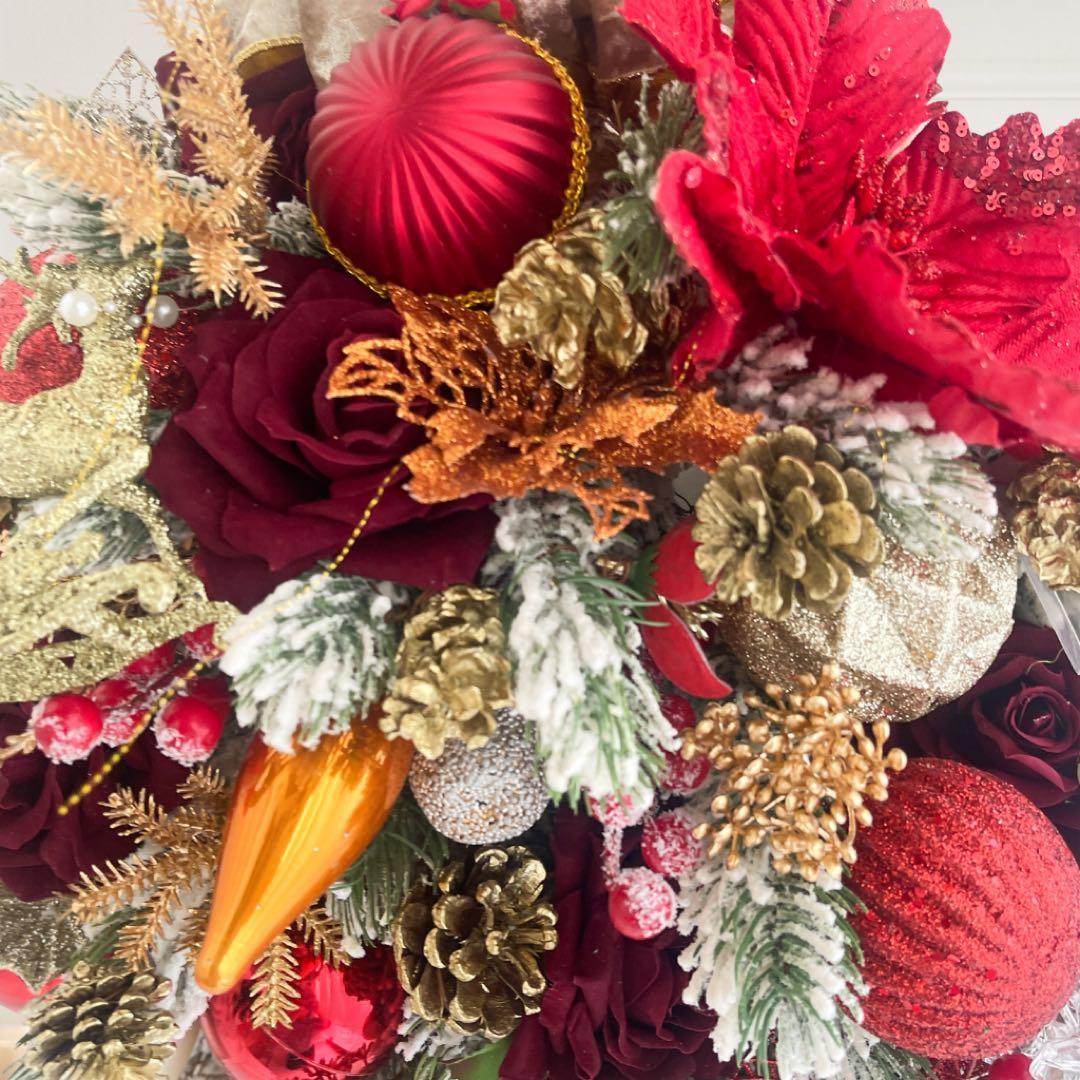 クリスマスレッドローズリース／ボルドー×ゴールドリの高級デザインスワッグ