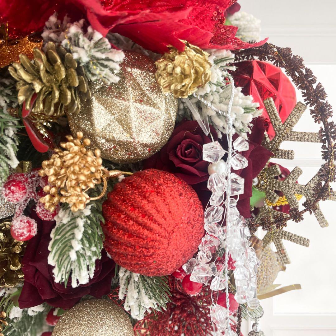 クリスマスレッドローズリース／ボルドー×ゴールドリの高級デザインスワッグ