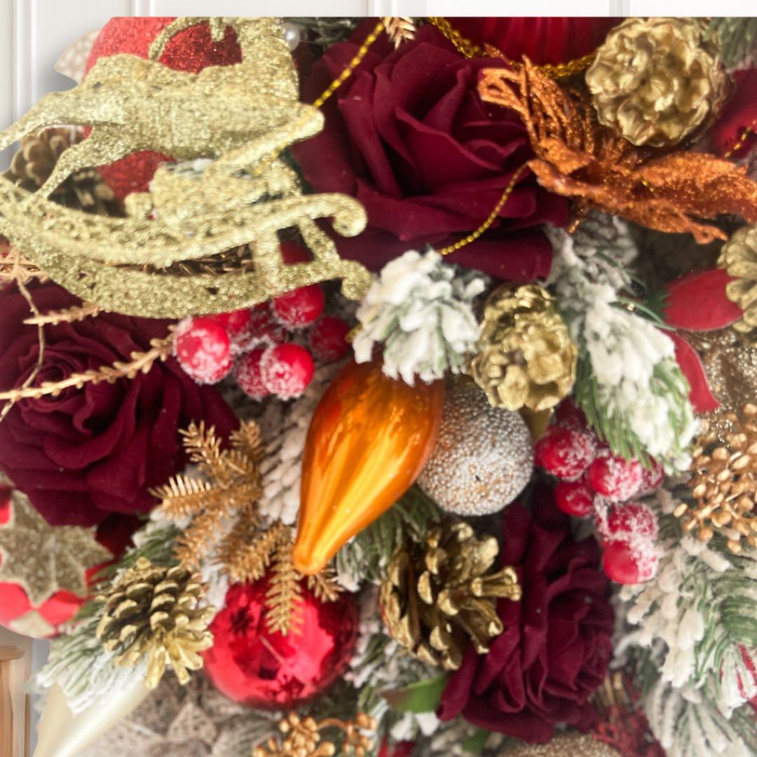 クリスマスレッドローズリース／ボルドー×ゴールドリの高級デザインスワッグ