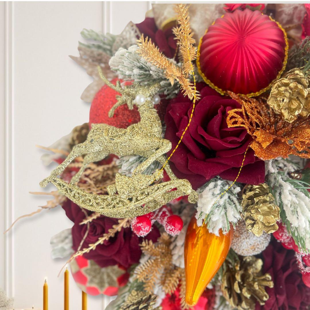 クリスマスレッドローズリース／ボルドー×ゴールドリの高級デザインスワッグ