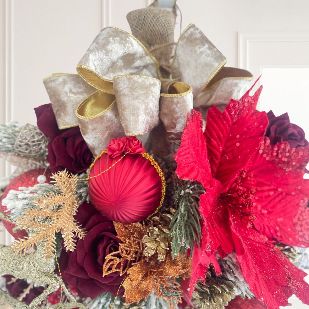 クリスマスレッドローズリース／ボルドー×ゴールドリの高級デザインスワッグ