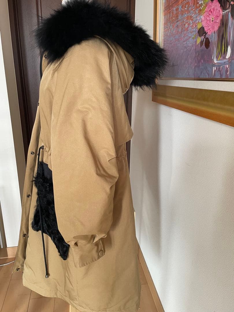 スプーム ファー付き　ダウンコート フード付きベージュ モッズ風コート 36