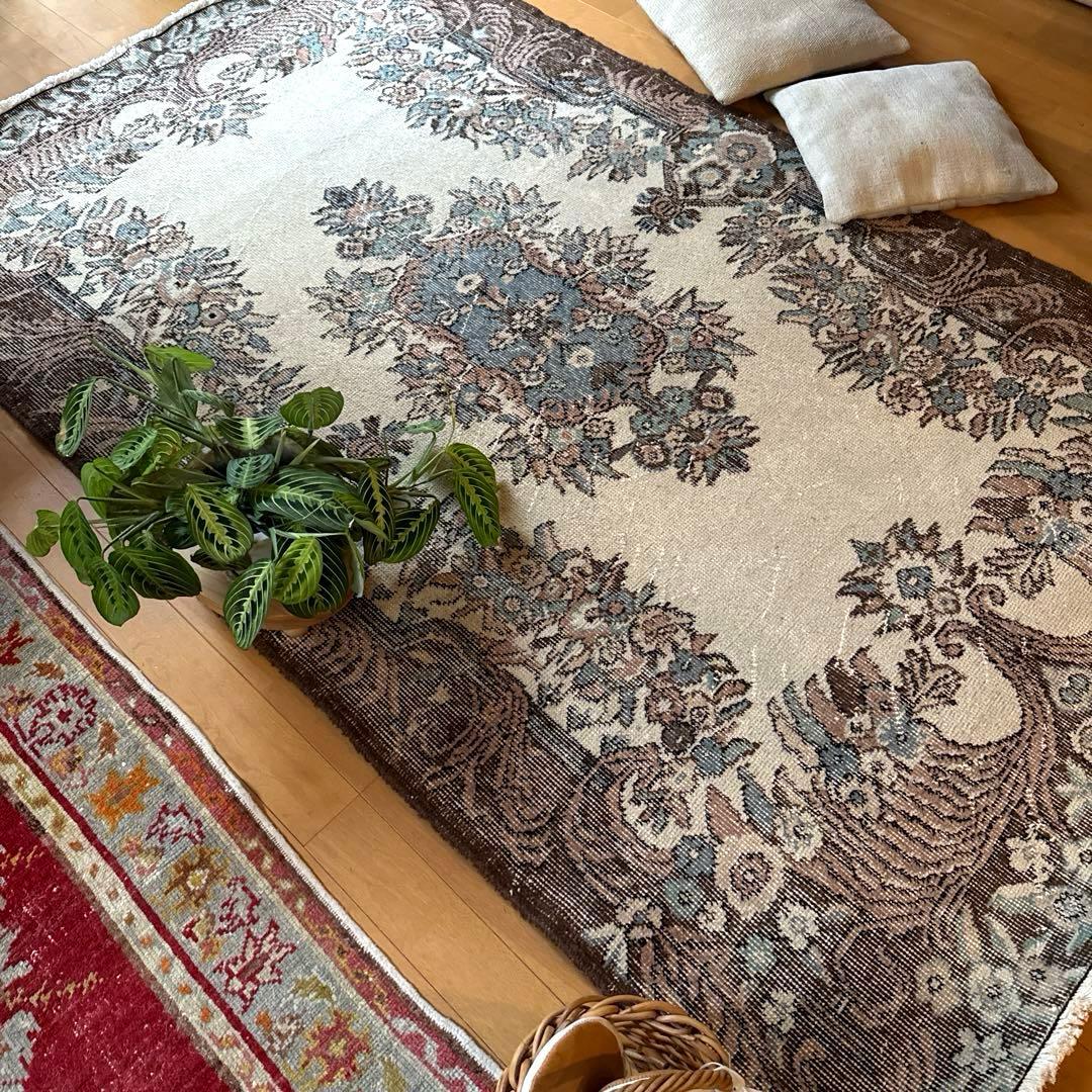 119×204ブラウン×クリーム　ピンク水色　メダリオン　トルコヴィンテージラグ