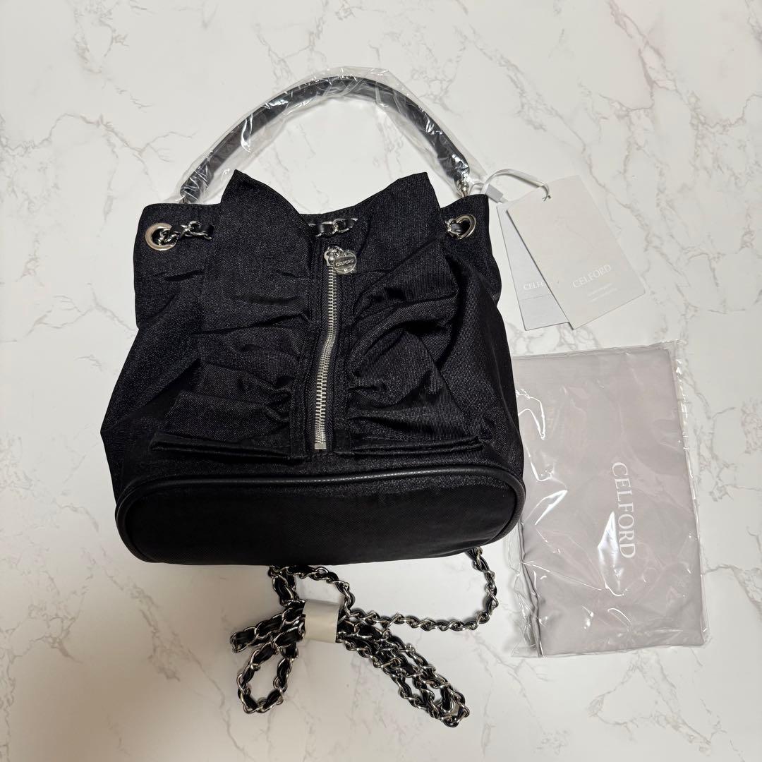 タグ付新品未使用 CELFORD チェーンショルダーフリルサック 黒
