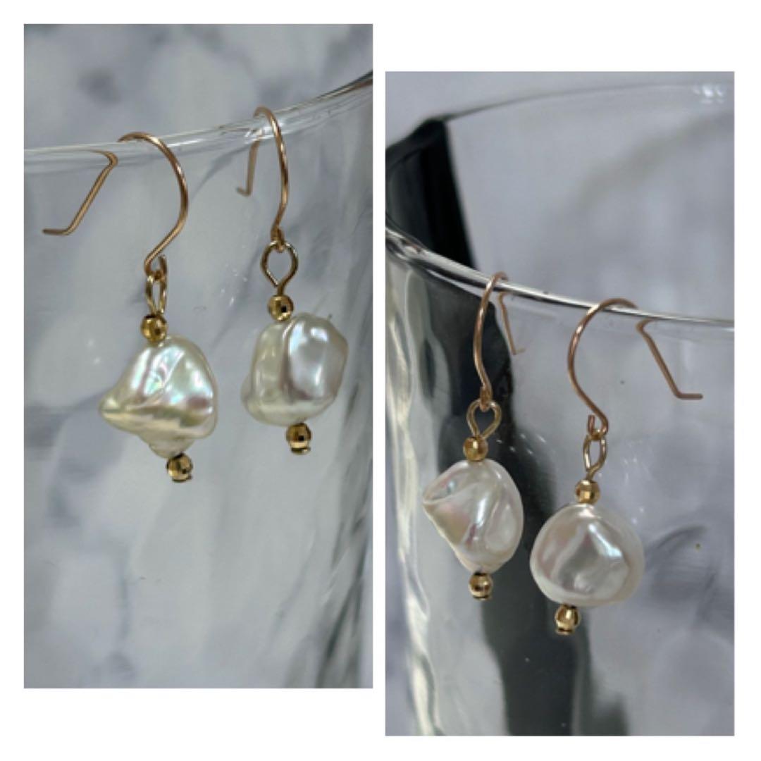 (M0923-1)K18PG,YG南洋白蝶ケシパールピアス　宝石　ぶら下がり