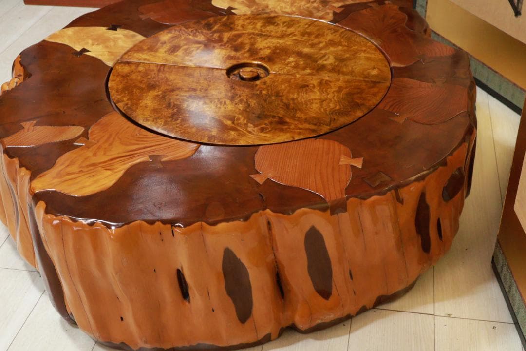 時代家具　木製　象嵌　刳り貫き　火鉢　大型　手炙り　蓋付　民芸品　BE951