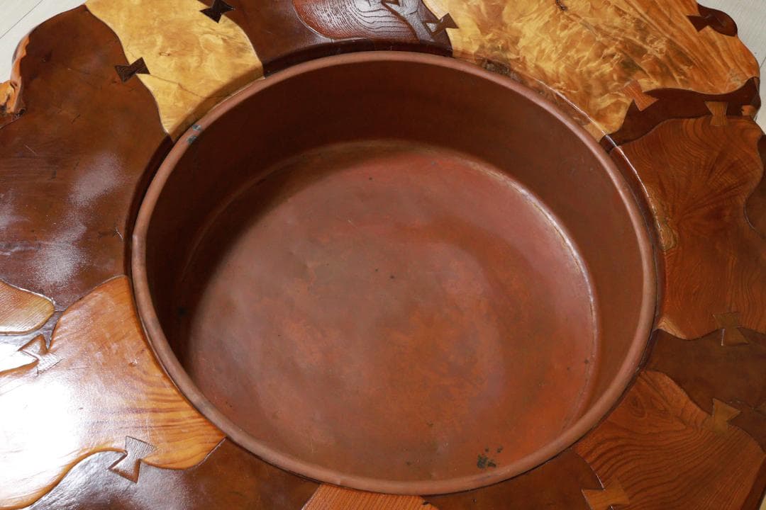 時代家具　木製　象嵌　刳り貫き　火鉢　大型　手炙り　蓋付　民芸品　BE951