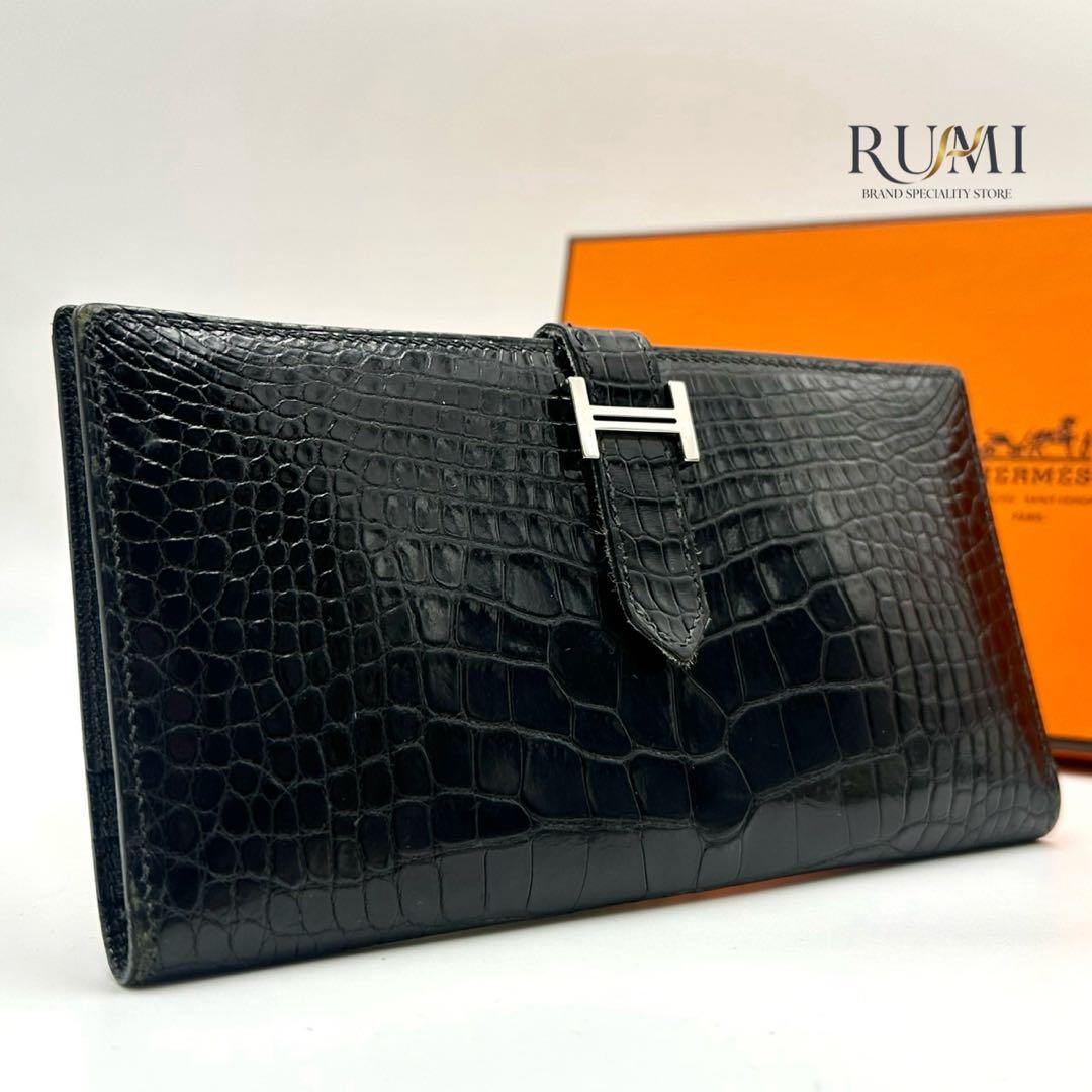 鑑定済✨ エルメス アリゲーター ベアン SV金具 長財布 ウォレット