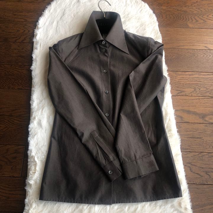 CELINE長袖ブラウス　セリーヌCマカダム刺繍　光沢　艶感　コットン100%