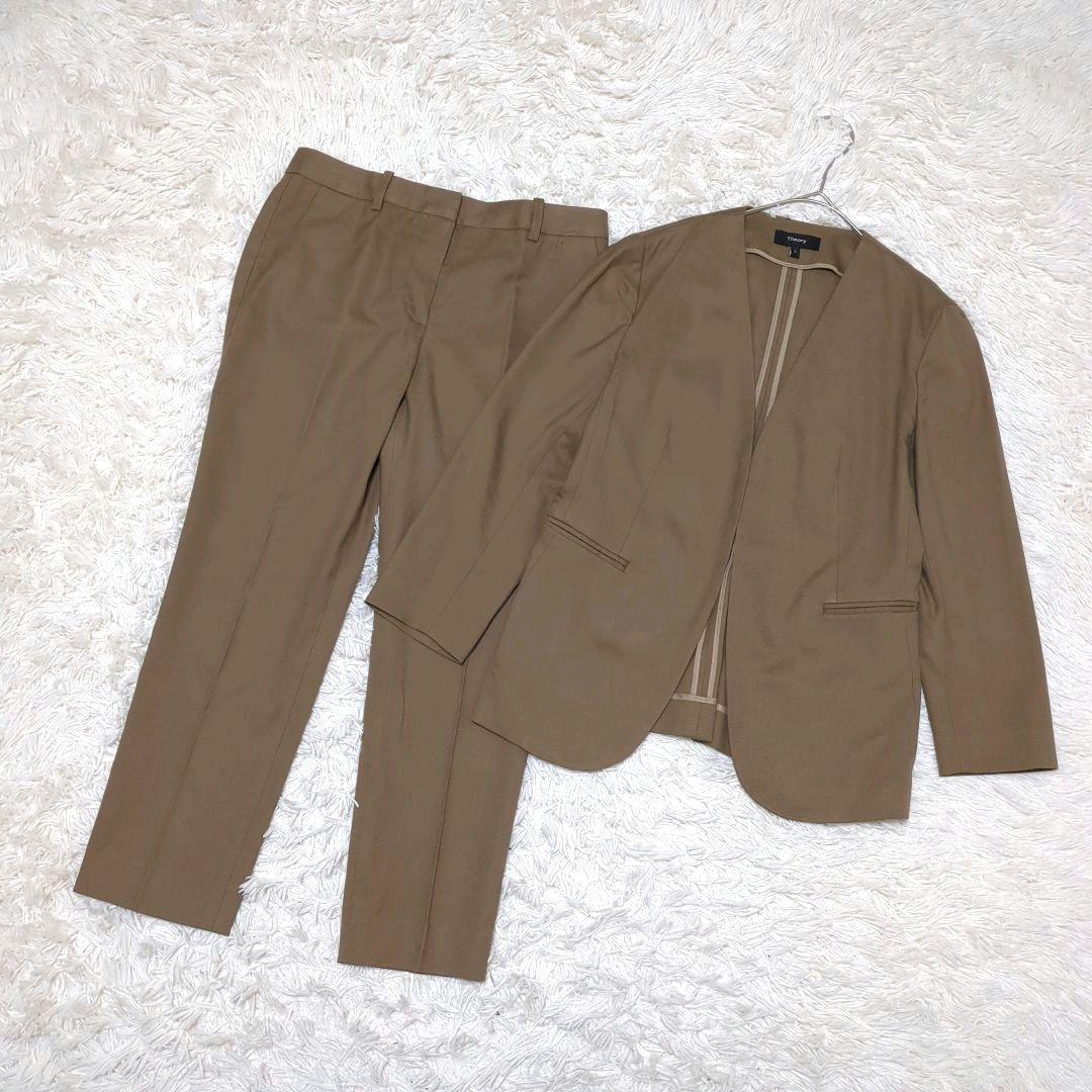セオリー　スーツ　セットアップ　ノーカラー　ベージュ　ストレッチ コットン