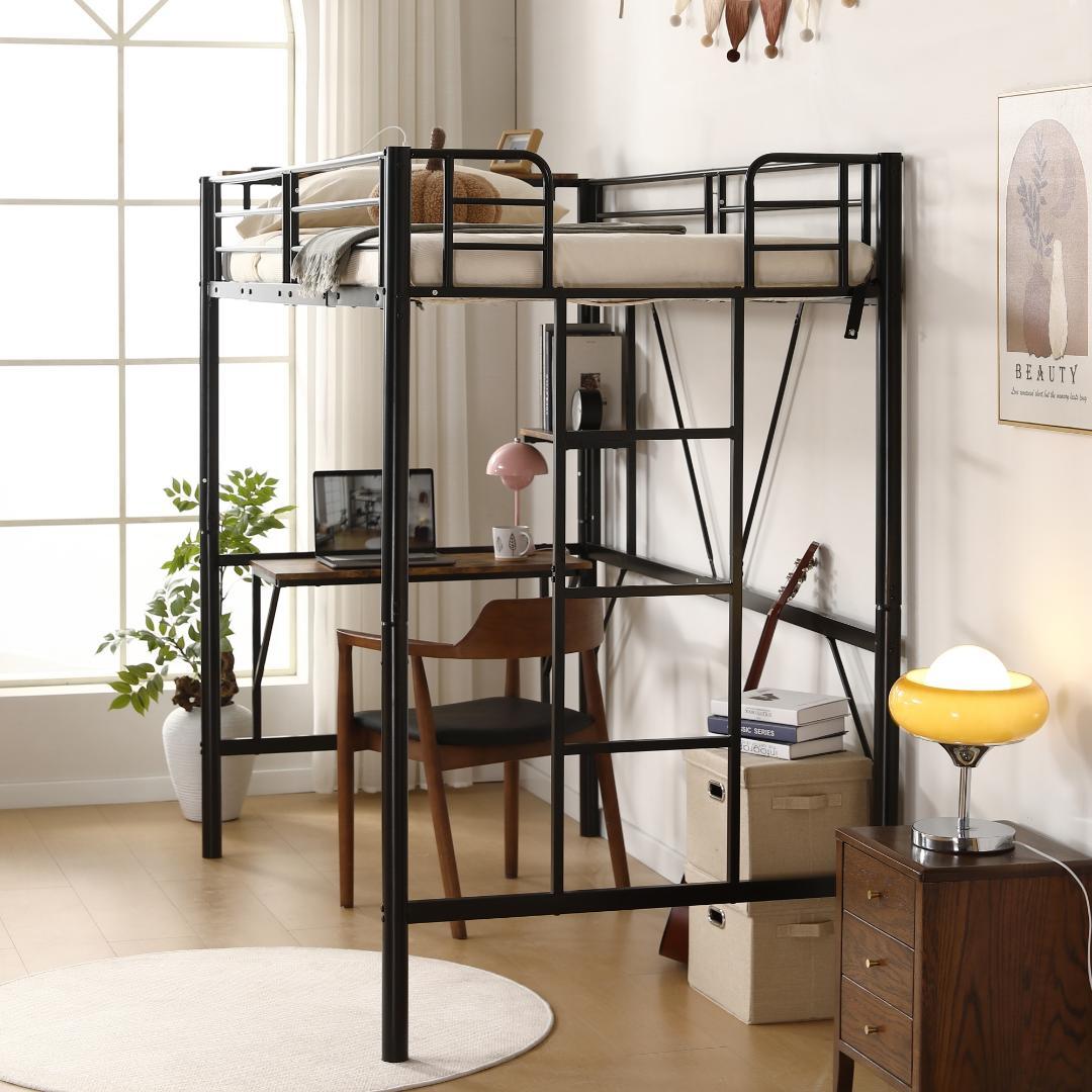 ロフトベッド シングル パイプベッド 収納棚 デスク付き収納 パイプブラック