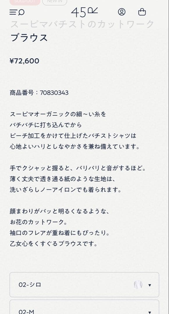 本日限定お値下げ　2025新品45R スーピマバチストのカットワークブラウス　白