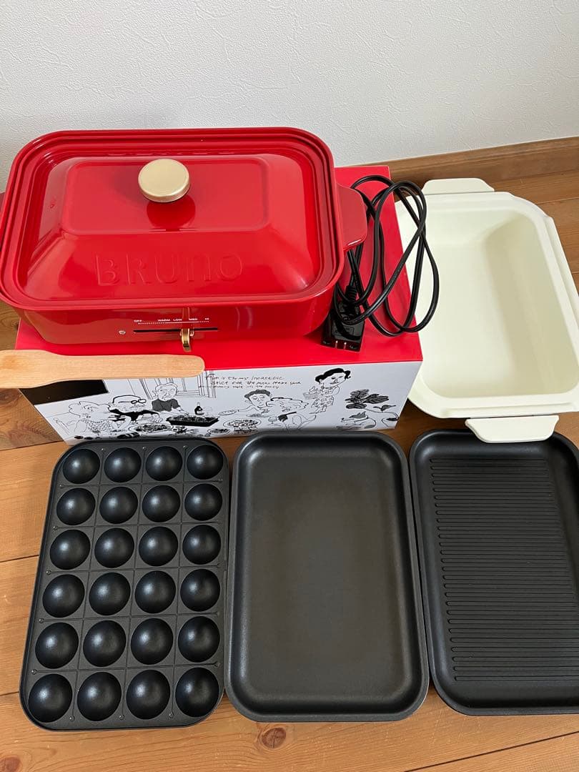 BRUNO コンパクトホットプレート レッド ➕深鍋➕グリル 説明書あり