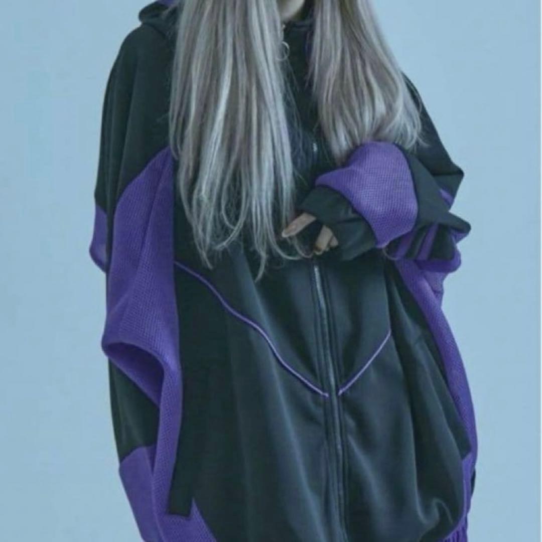 REFLEMレフレムメッシュ切替ハイネックジャージパーカー黒×紫ブラックパープル