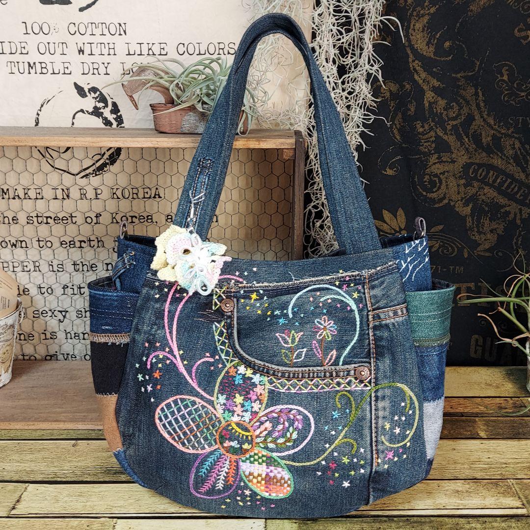 【ほたる】刺繍デニムバック　No.675　　&　ショルダーベルト