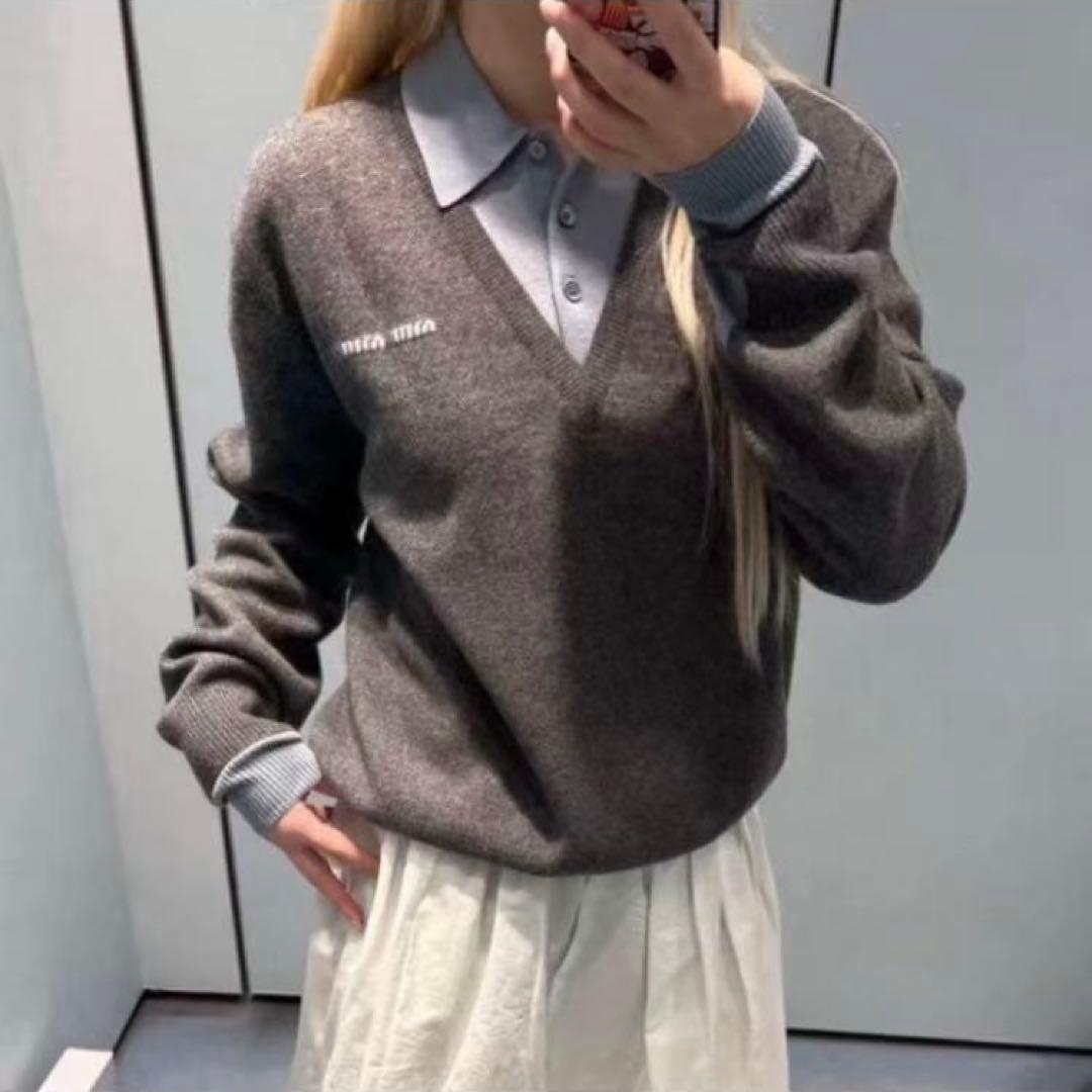【れむ】miumiu ロゴ トップス ニット　グレー レイヤード