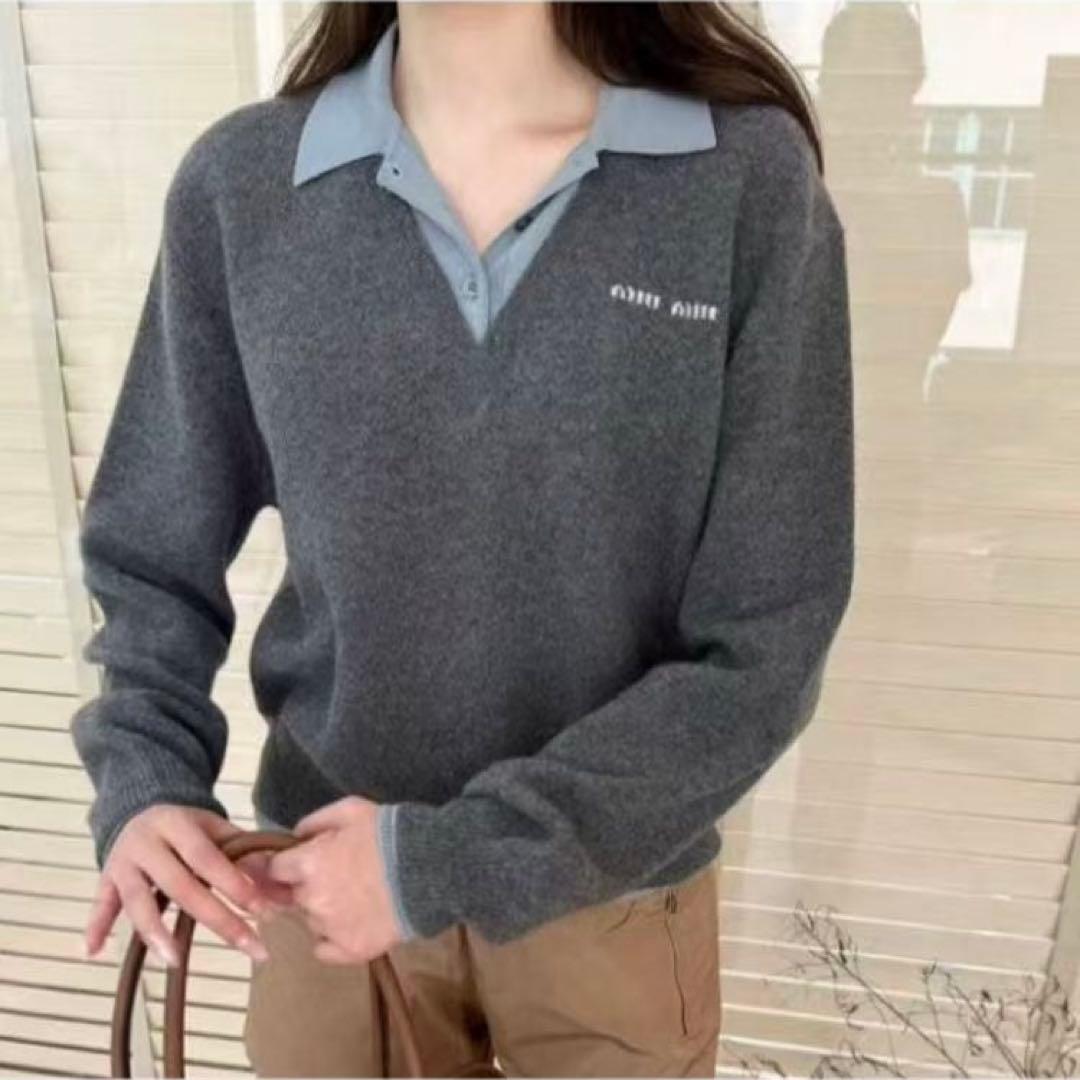 【れむ】miumiu ロゴ トップス ニット　グレー レイヤード