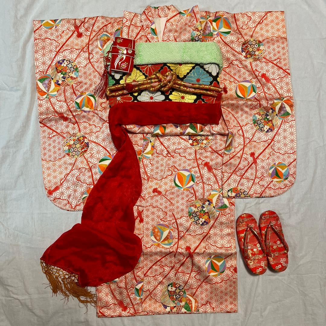 七五三　五歳　七歳　着物セット　アンティーク　かのこ　朱色