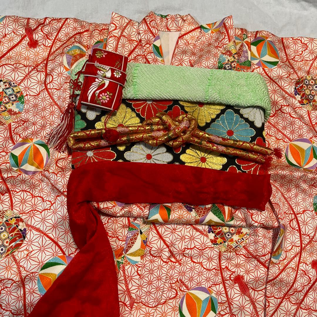 七五三　五歳　七歳　着物セット　アンティーク　かのこ　朱色