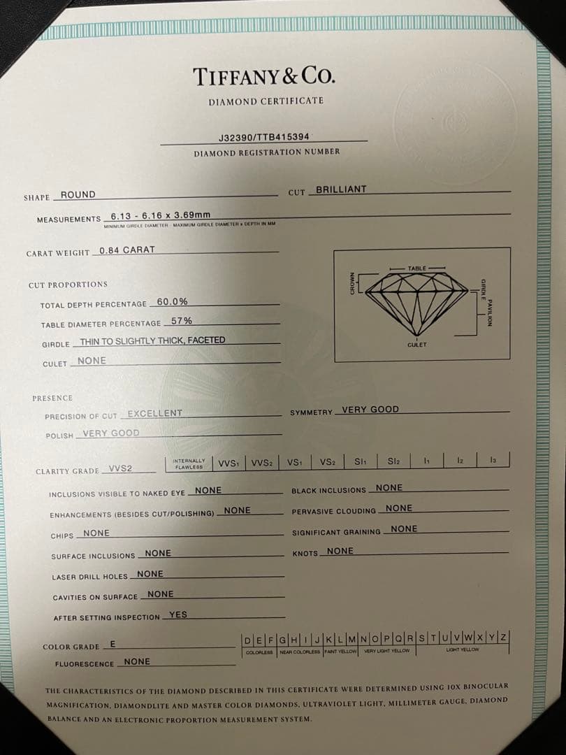 1/6迄Tiffany ティファニー　ダイヤモンドリング Eカラー0.84ct