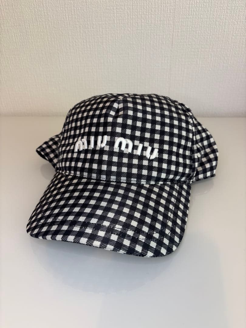 ミュウミュウ miumiu ベースボールキャップ 帽子 ギンガムチェック ロゴ
