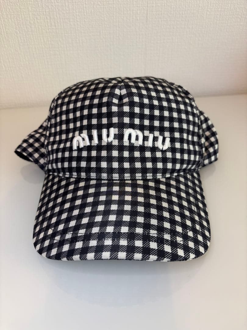 ミュウミュウ miumiu ベースボールキャップ 帽子 ギンガムチェック ロゴ