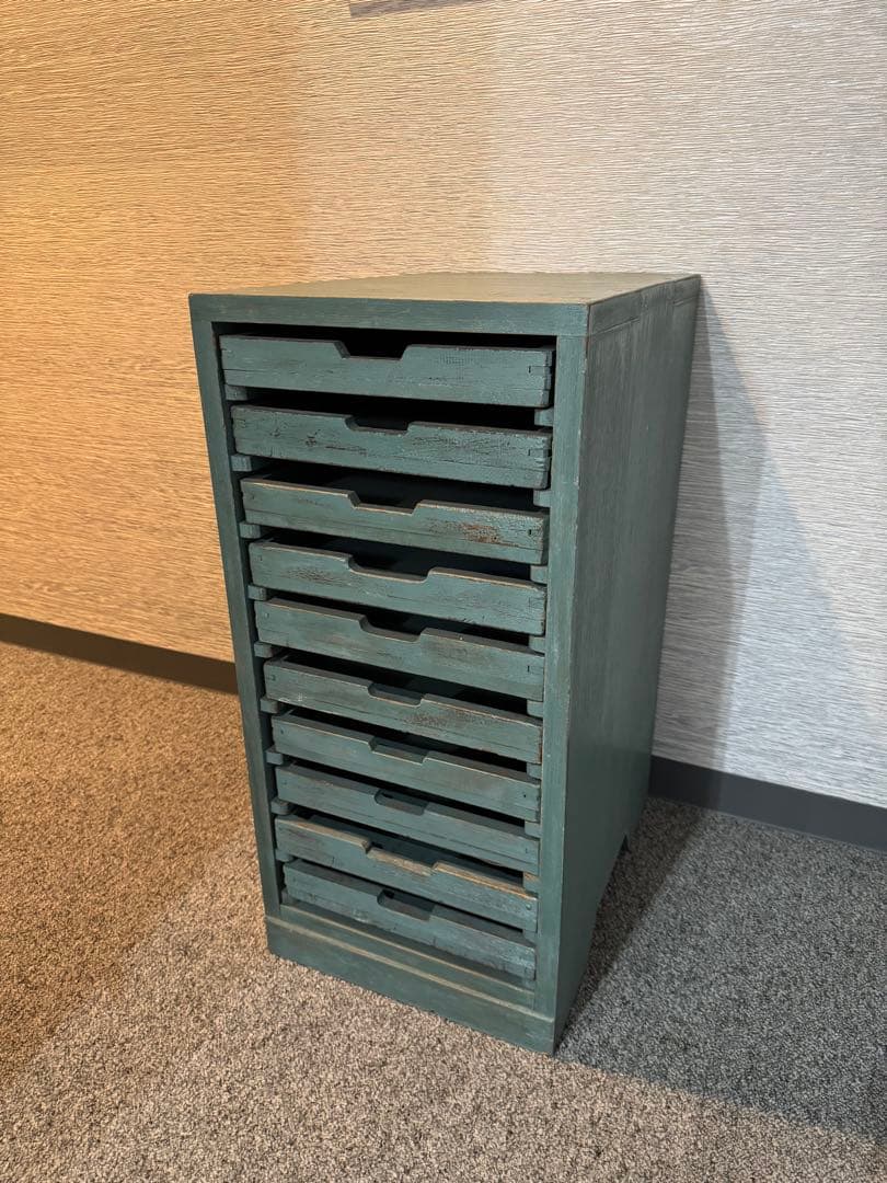 ビンテージ グリーン収納ボックス 木製10段引き出し レターケース 工具棚