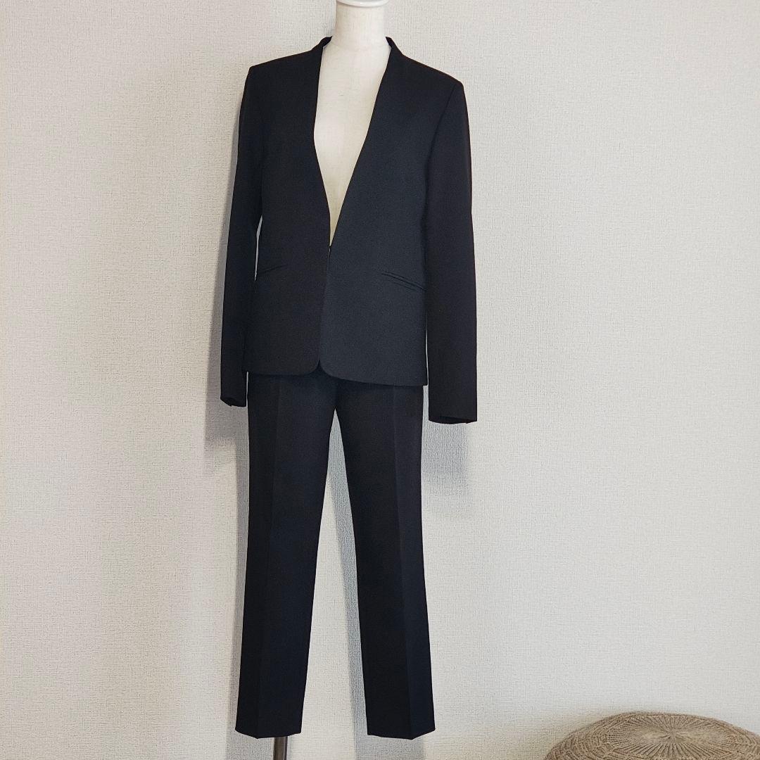 美品 PLST 洗濯可 ノーカラージャケット パンツ セットアップ スーツ 黒