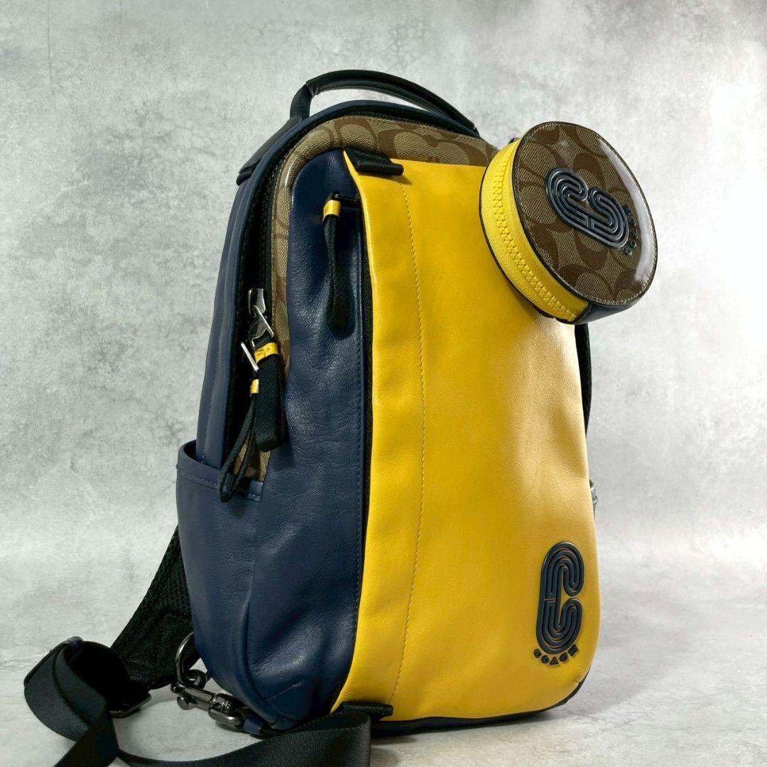 極美品 コーチ エッジパック ボディバッグ ビジネス レザー ロゴ イエロー 紺